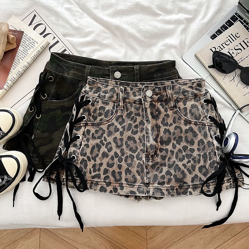 Mid Waist Lace-Up Denim Mini Pencil Skorts