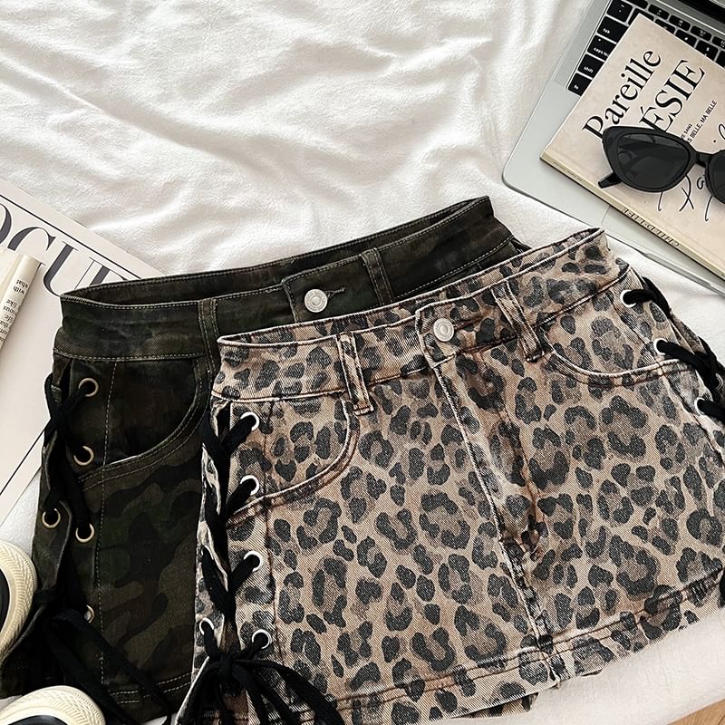 Mid Waist Lace-Up Denim Mini Pencil Skorts