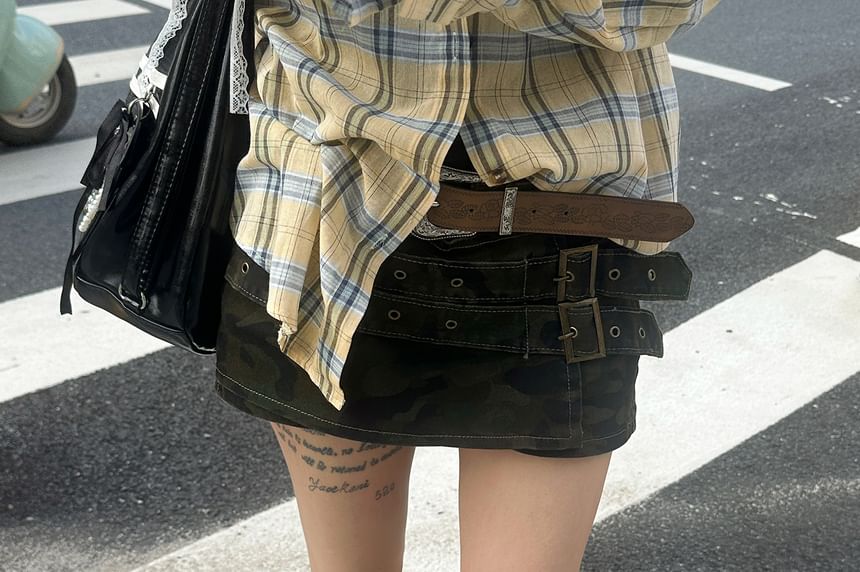 Mid Waist Asymmetrical Grommet Belted Denim Mini A-Line Skort