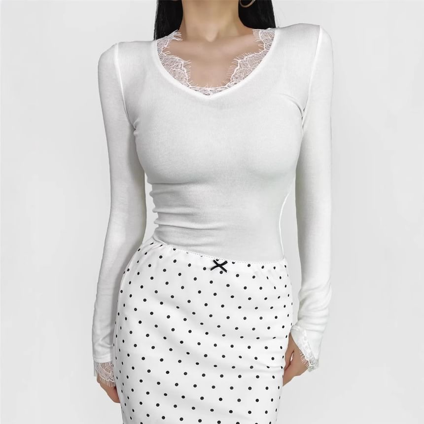 Slim Fit V-Neck Tee with Lace Panel