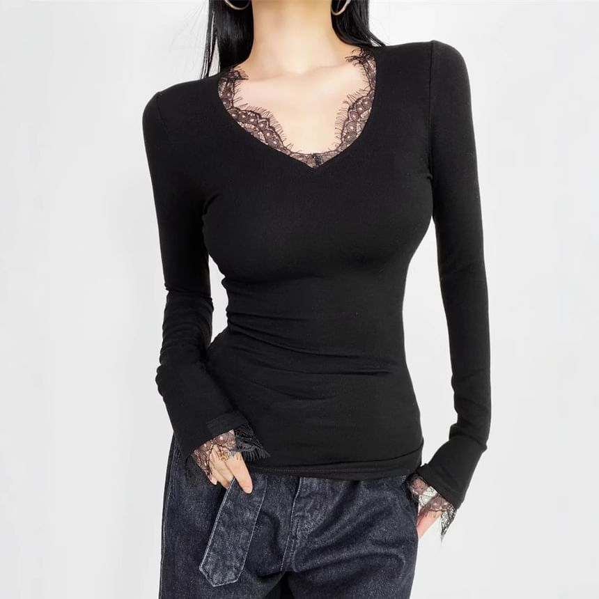 Slim Fit V-Neck Tee with Lace Panel