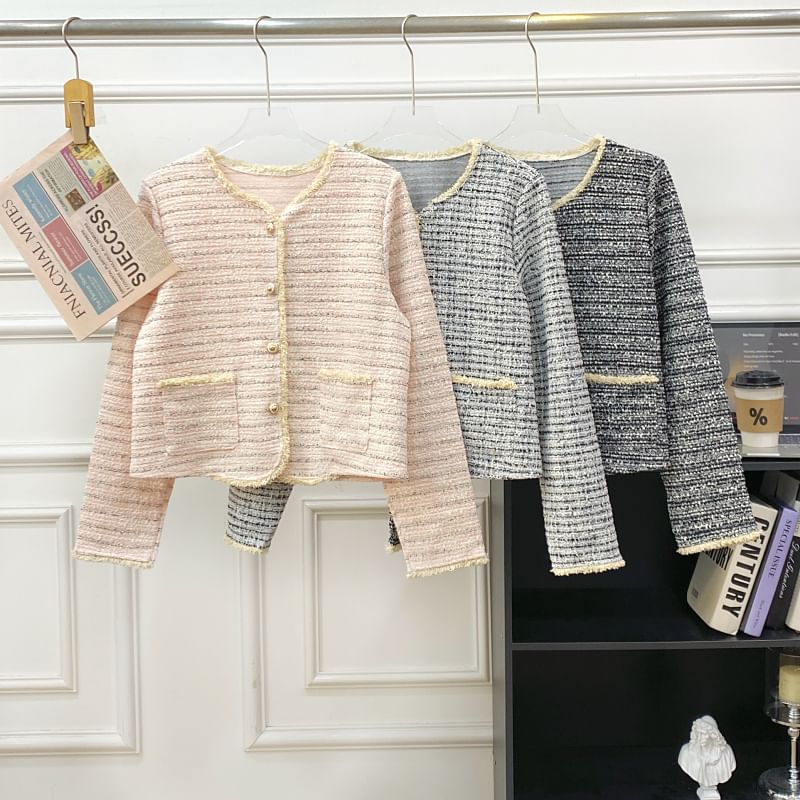 V-Neck Striped Button Up Tweed Jacket