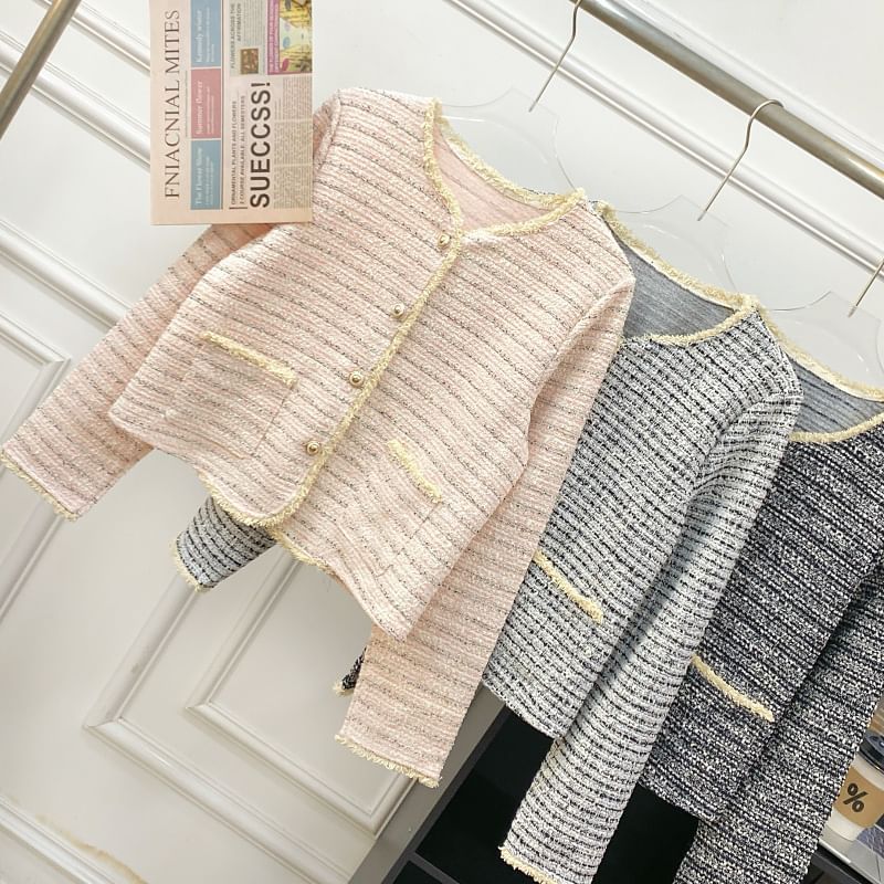 V-Neck Striped Button Up Tweed Jacket