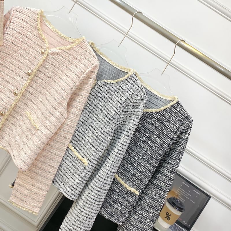V-Neck Striped Button Up Tweed Jacket