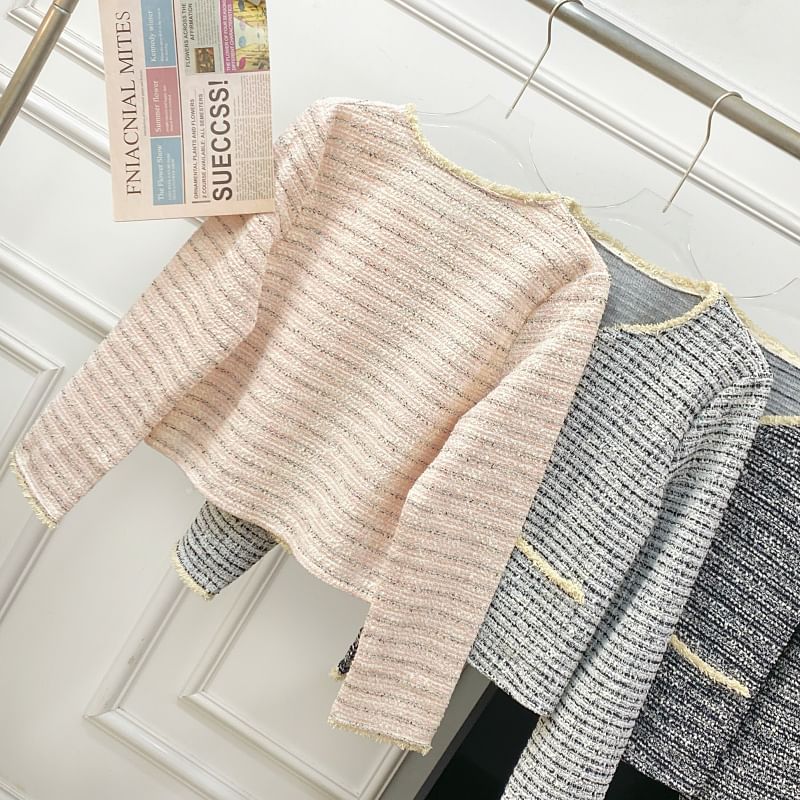 V-Neck Striped Button Up Tweed Jacket