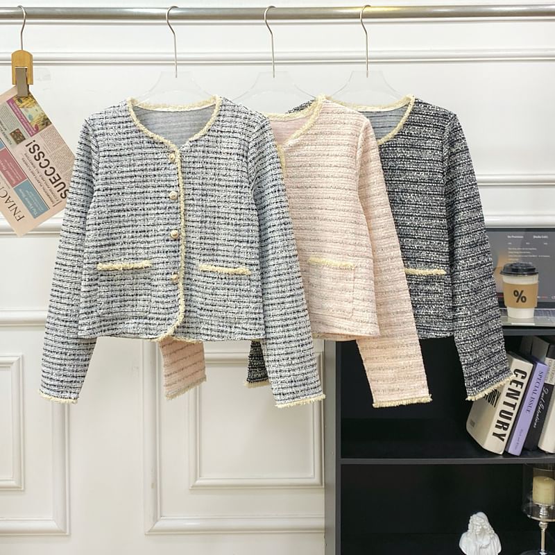 V-Neck Striped Button Up Tweed Jacket