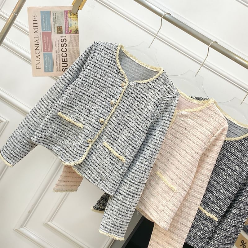 V-Neck Striped Button Up Tweed Jacket