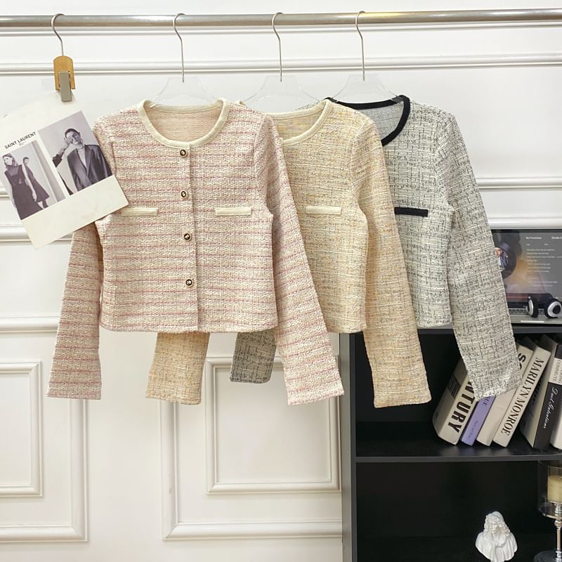 Long Sleeve Round Neck Tweed Cropped Jacket