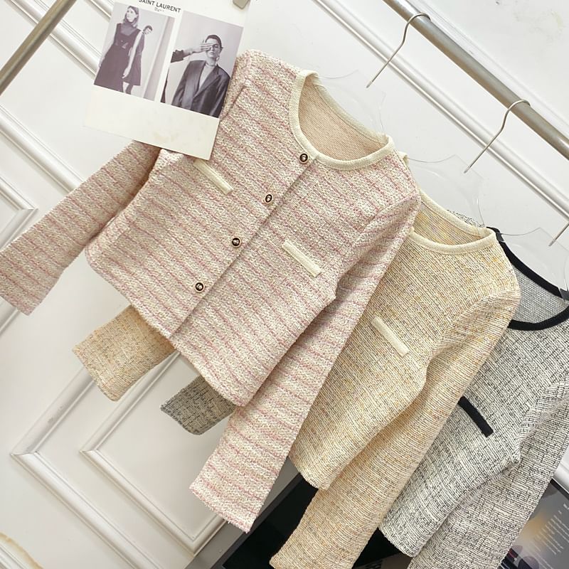 Long Sleeve Round Neck Tweed Cropped Jacket