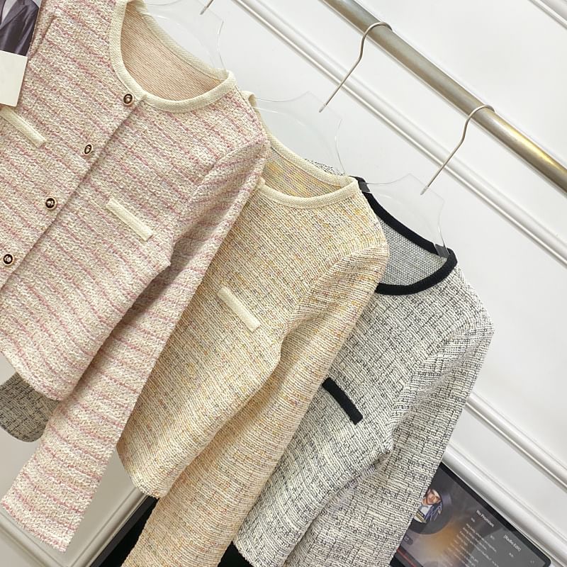 Long Sleeve Round Neck Tweed Cropped Jacket