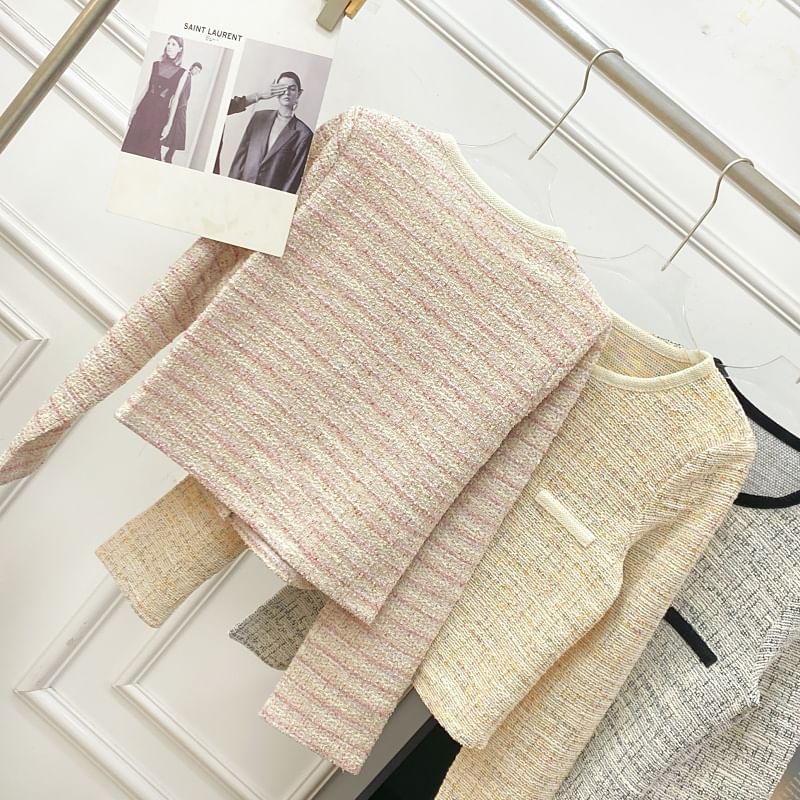 Long Sleeve Round Neck Tweed Cropped Jacket