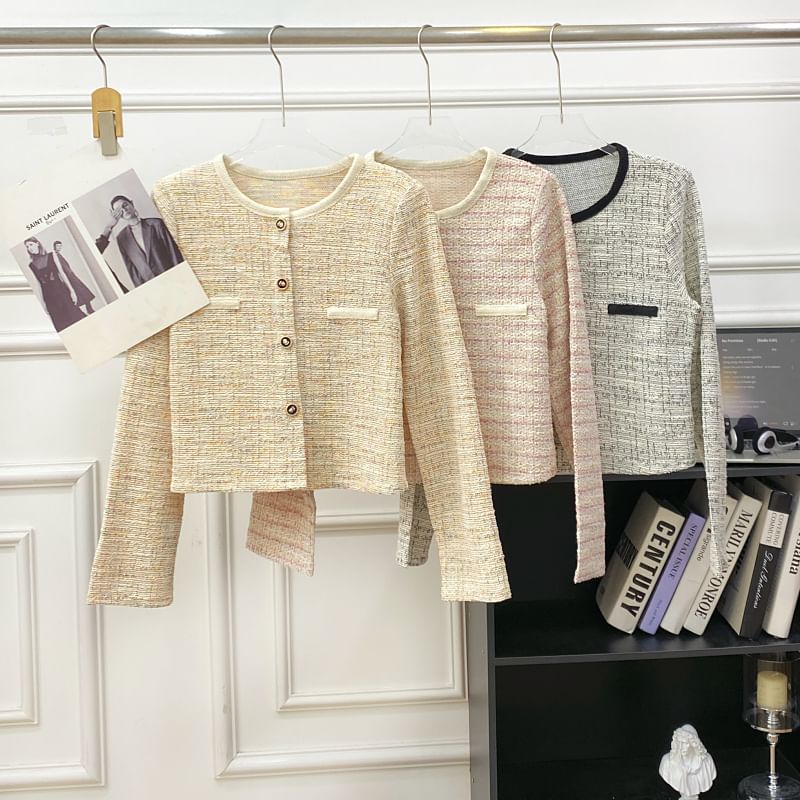 Long Sleeve Round Neck Tweed Cropped Jacket