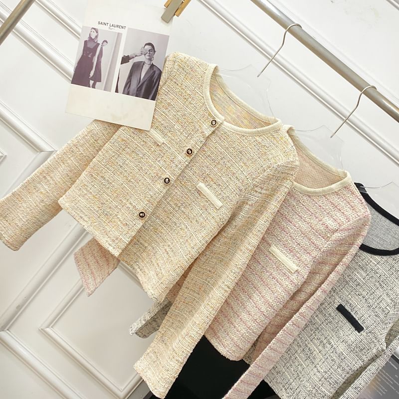 Long Sleeve Round Neck Tweed Cropped Jacket