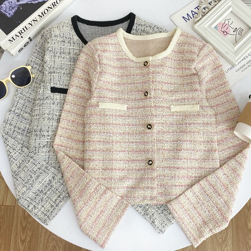 Long Sleeve Round Neck Tweed Cropped Jacket