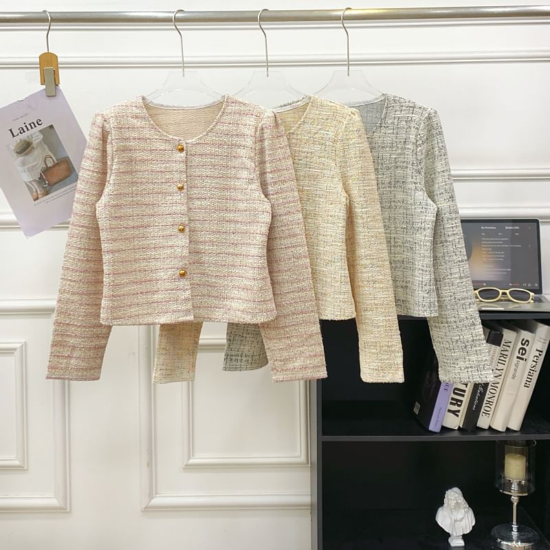 Round Neck Tweed Button Up Jacket