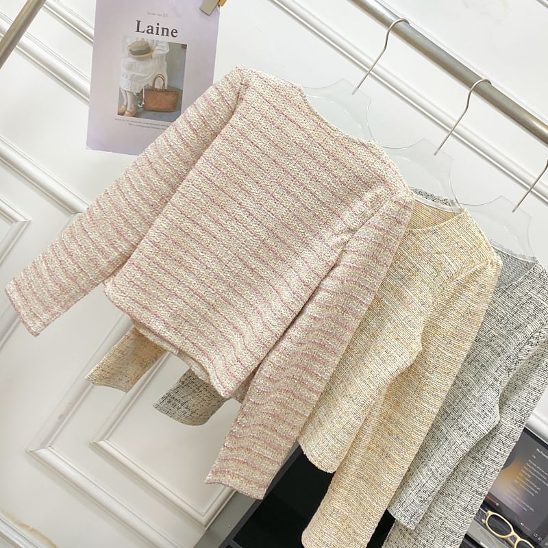 Round Neck Tweed Button Up Jacket