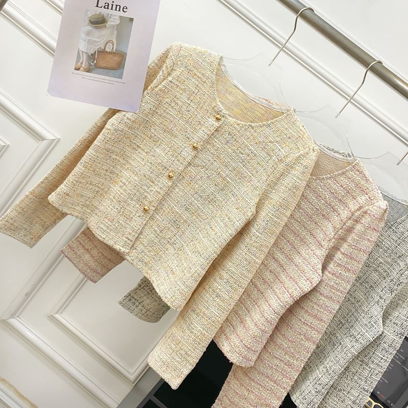 Round Neck Tweed Button Up Jacket