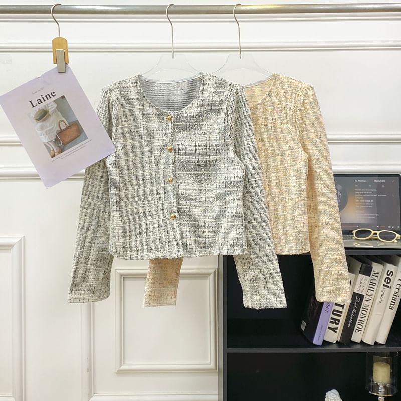 Round Neck Tweed Button Up Jacket
