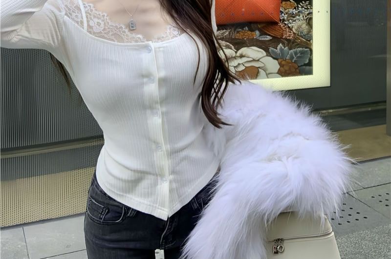 Button Front V-Neck Tee with Lace Panel