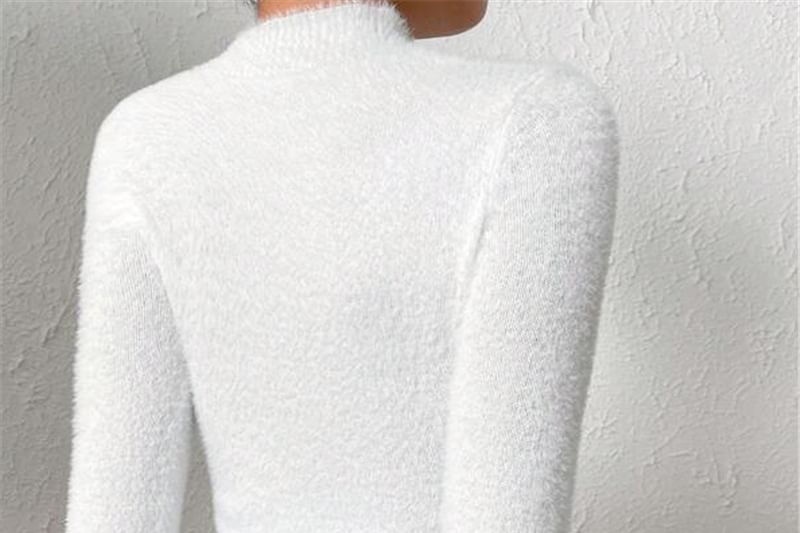 Plain Ribbed Mock-Neck Sleeved Fitted Mini Knit Top