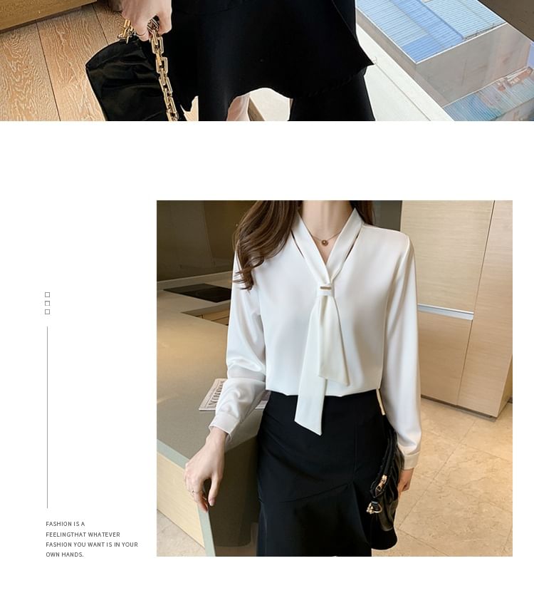 Plain Tie-Neck Sleeved Blouse