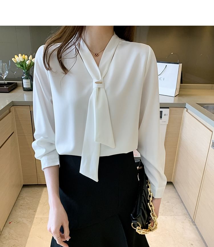 Plain Tie-Neck Sleeved Blouse