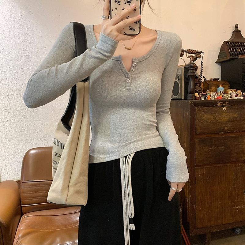 Plain Henley Sleeved Top