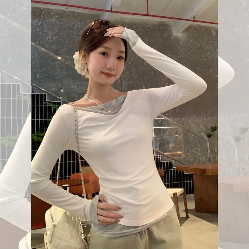 Plain V-Neck Mock-Layer Sleeved T-Shirt