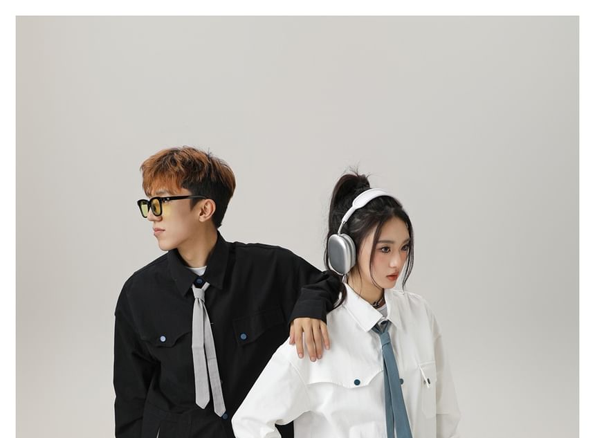 Unisex Asymmetric Pocketed Shirt with Tie