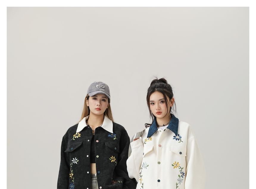 Flower-Embroidered Colorblock Tweed Jacket