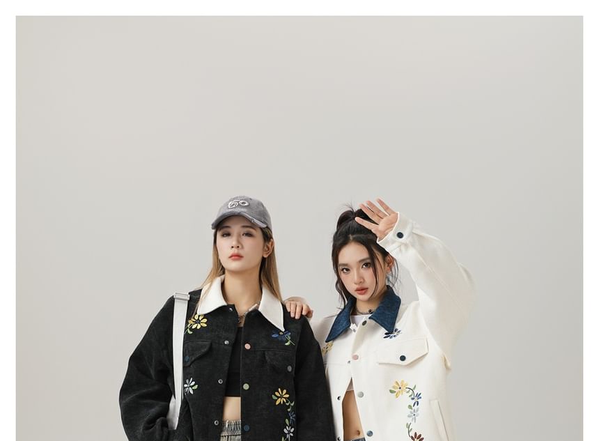 Flower-Embroidered Colorblock Tweed Jacket