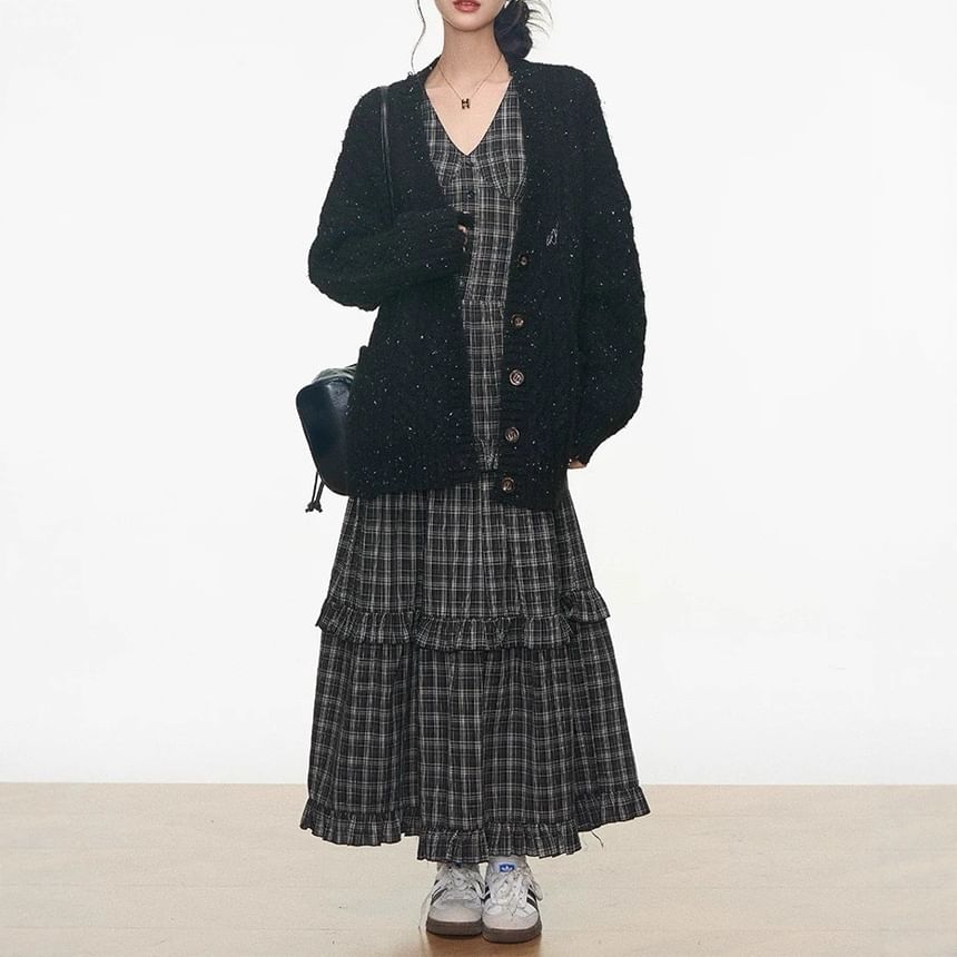 Sleeveless V-Neck Ruffle Trim Tiered Maxi A-Line Dress / Speckle Embroidered Button-Up Cable Knit Cardigan