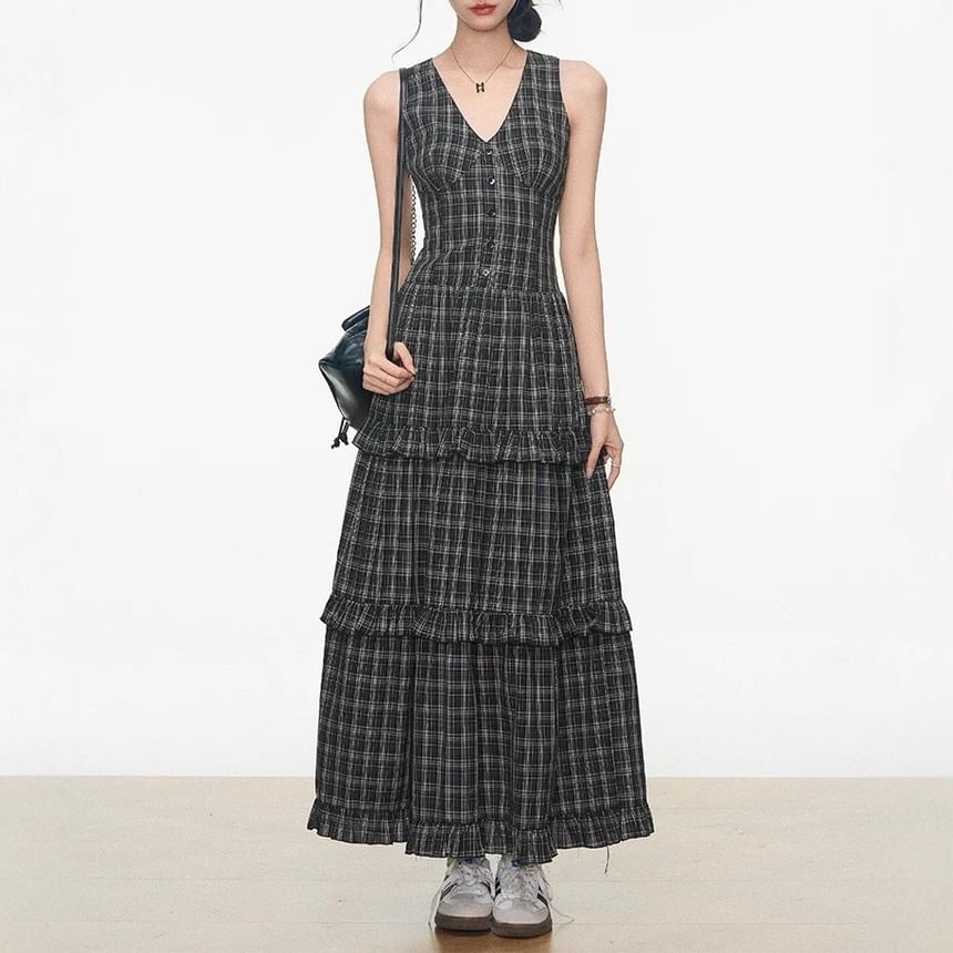 Sleeveless V-Neck Ruffle Trim Tiered Maxi A-Line Dress / Speckle Embroidered Button-Up Cable Knit Cardigan