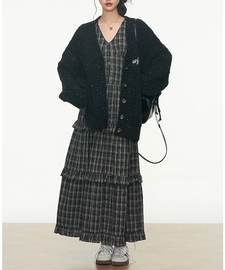 Sleeveless V-Neck Ruffle Trim Tiered Maxi A-Line Dress / Speckle Embroidered Button-Up Cable Knit Cardigan