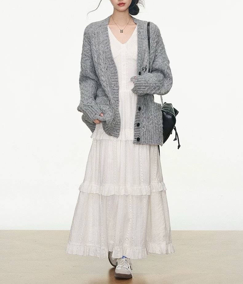 Sleeveless V-Neck Ruffle Trim Tiered Maxi A-Line Dress / Speckle Embroidered Button-Up Cable Knit Cardigan