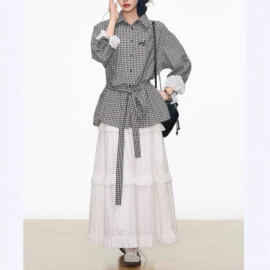 Long-Sleeve Collared Gingham Lace Panel Button-Up Blouse / High Rise Plain Perforated Tiered Maxi A-Line Skirt