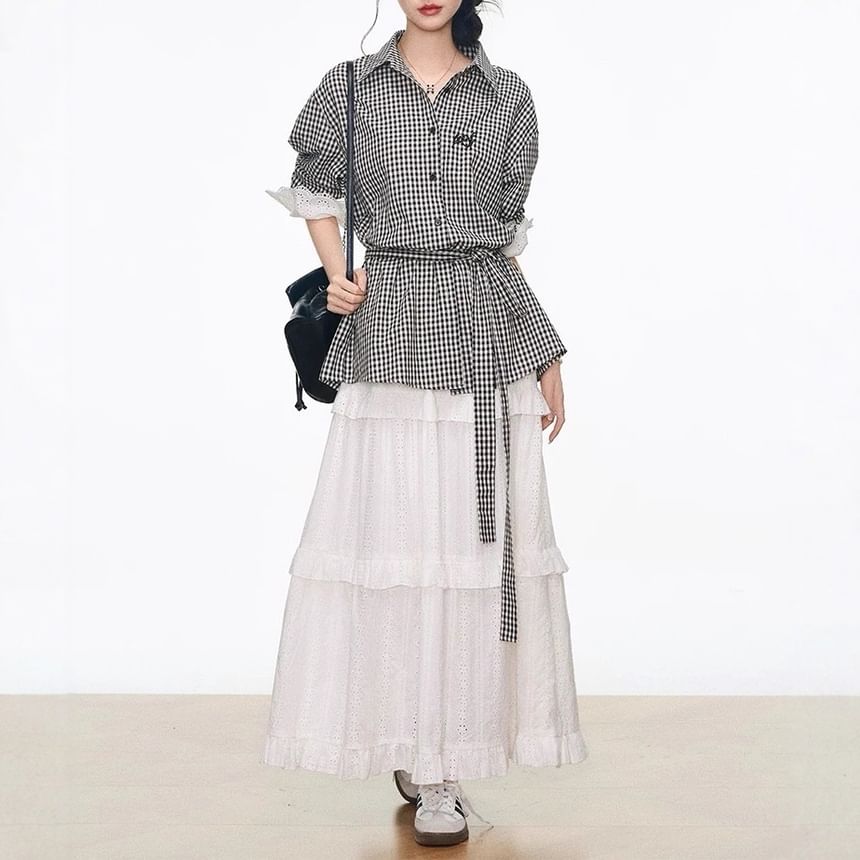 Gingham Lace-Panel Button-Up Sleeved Blouse + Tiered A-Line Maxi Skirt