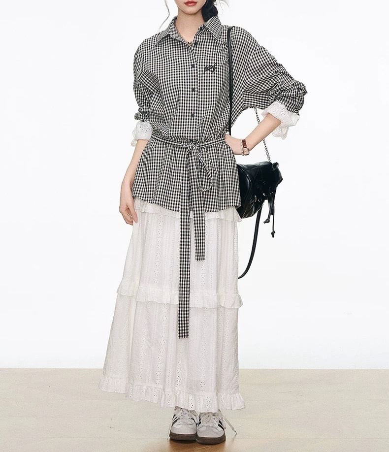 Long-Sleeve Collared Gingham Lace Panel Button-Up Blouse / High Rise Plain Perforated Tiered Maxi A-Line Skirt