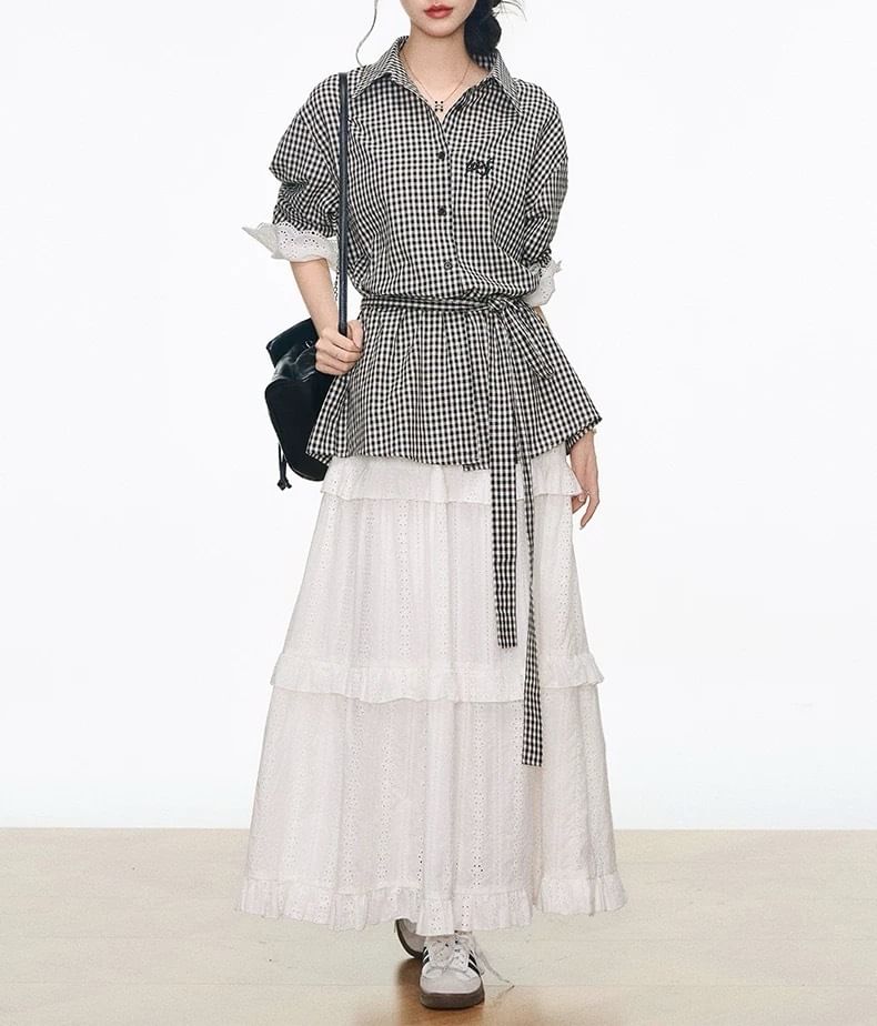 Gingham Lace-Panel Button-Up Sleeved Blouse + Tiered A-Line Maxi Skirt