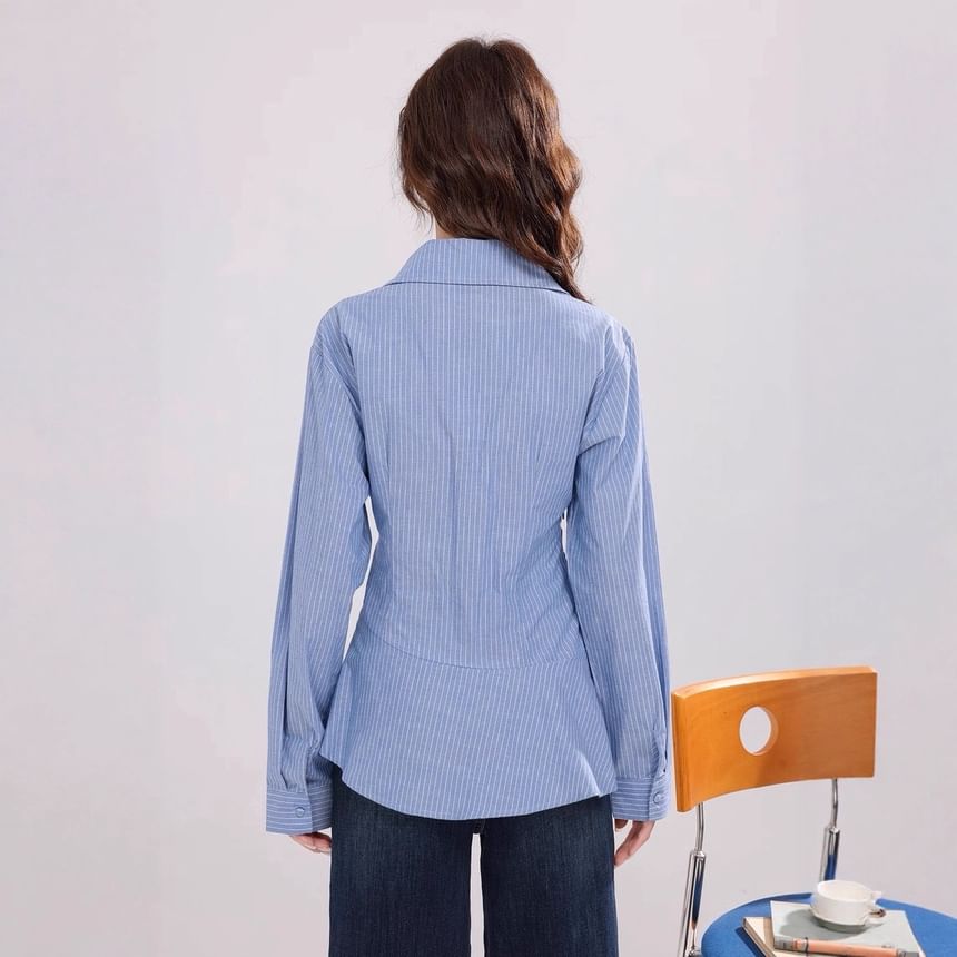 Striped Ruched Collared V-Neck Sleeved Blouse