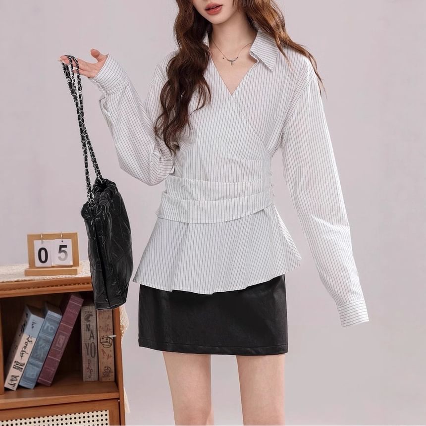 Long-Sleeve V-Neck Collared Striped Ruched Blouse