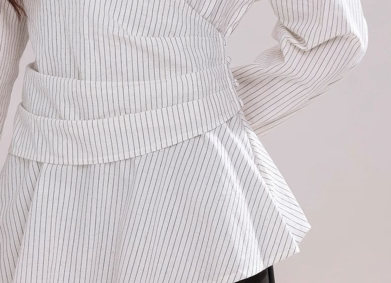 Long-Sleeve V-Neck Collared Striped Ruched Blouse