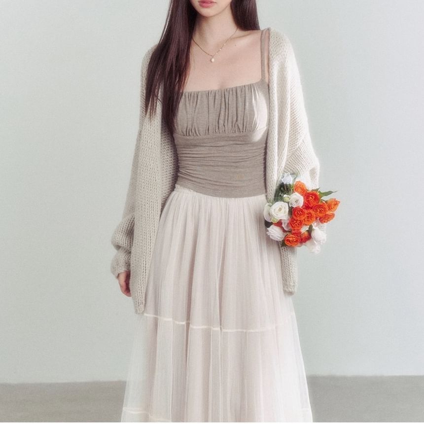 Plain Ruched Crop Camisole Top / High Rise Sheer Maxi A-Line Skirt / Open Front Cardigan