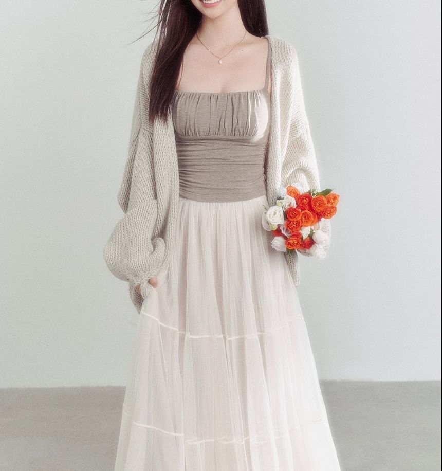 Plain Ruched Crop Camisole Top / High Rise Sheer Maxi A-Line Skirt / Open Front Cardigan