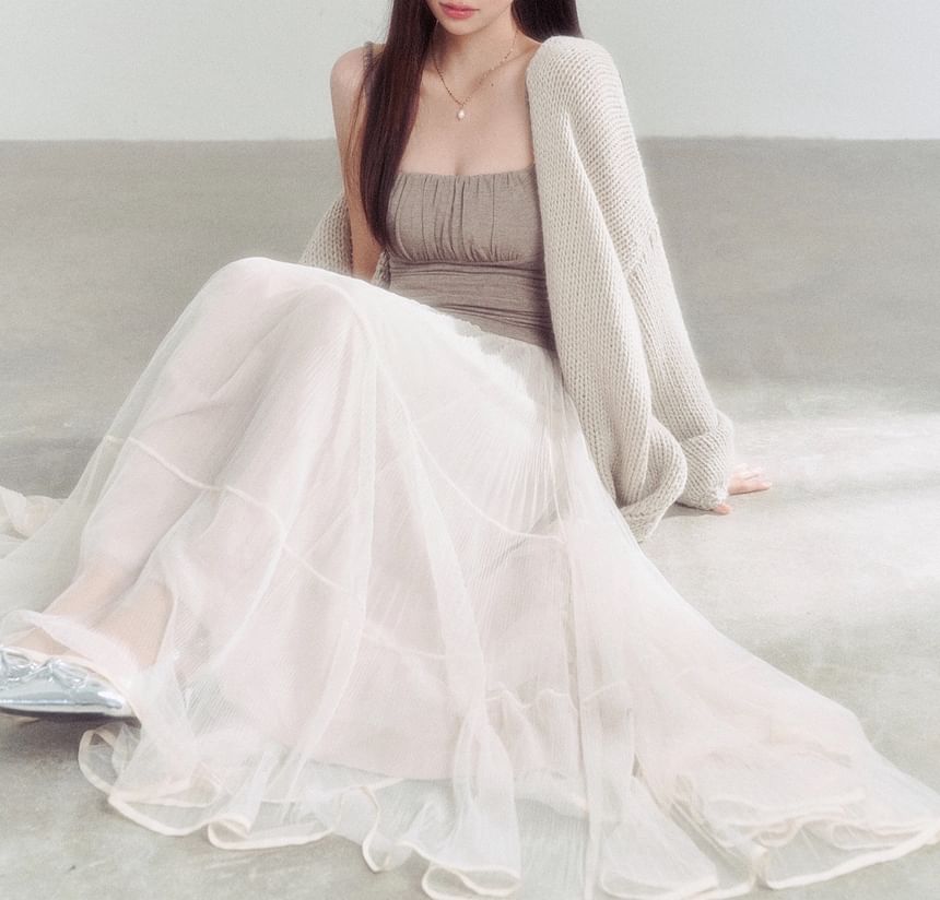 Plain Ruched Crop Camisole Top / High Rise Sheer Maxi A-Line Skirt / Open Front Cardigan