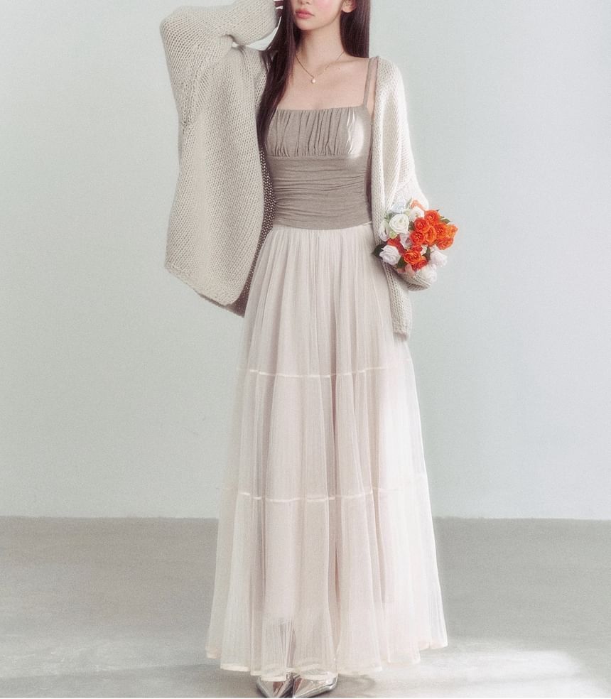 Plain Ruched Crop Camisole Top / High Rise Sheer Maxi A-Line Skirt / Open Front Cardigan