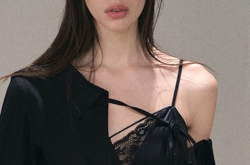 V-Neck Lace Panel Camisole Top / Long-Sleeve Off-Shoulder Plain Asymmetrical Mini A-Line Dress / Undershorts / Set