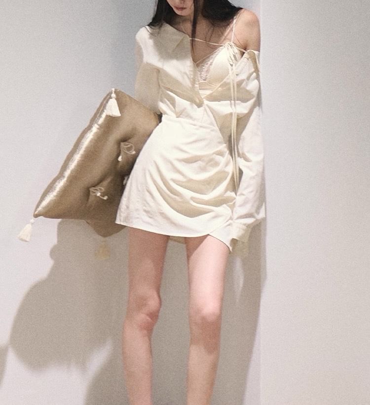 V-Neck Lace Panel Camisole Top / Long-Sleeve Off-Shoulder Plain Asymmetrical Mini A-Line Dress / Undershorts / Set