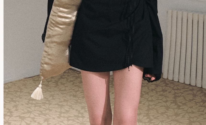 V-Neck Lace Panel Camisole Top / Long-Sleeve Off-Shoulder Plain Asymmetrical Mini A-Line Dress / Undershorts / Set