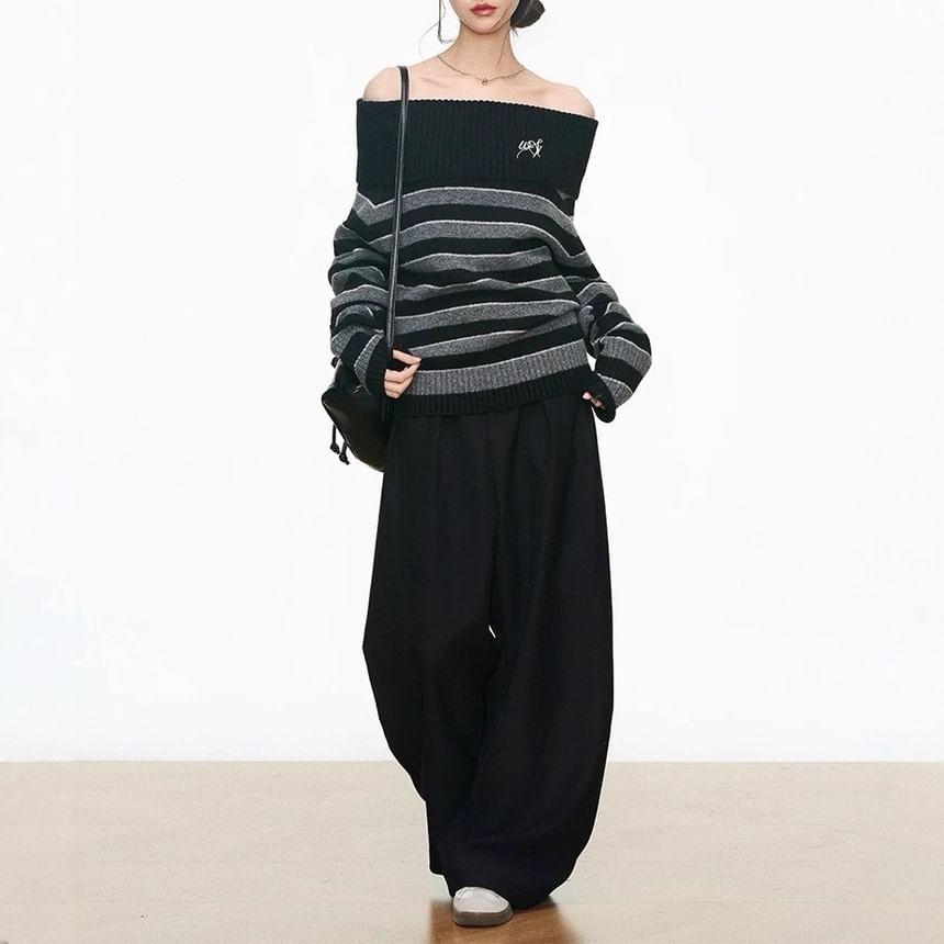 Off-Shoulder Striped Sweater / High Rise Plain Wide Leg Pants